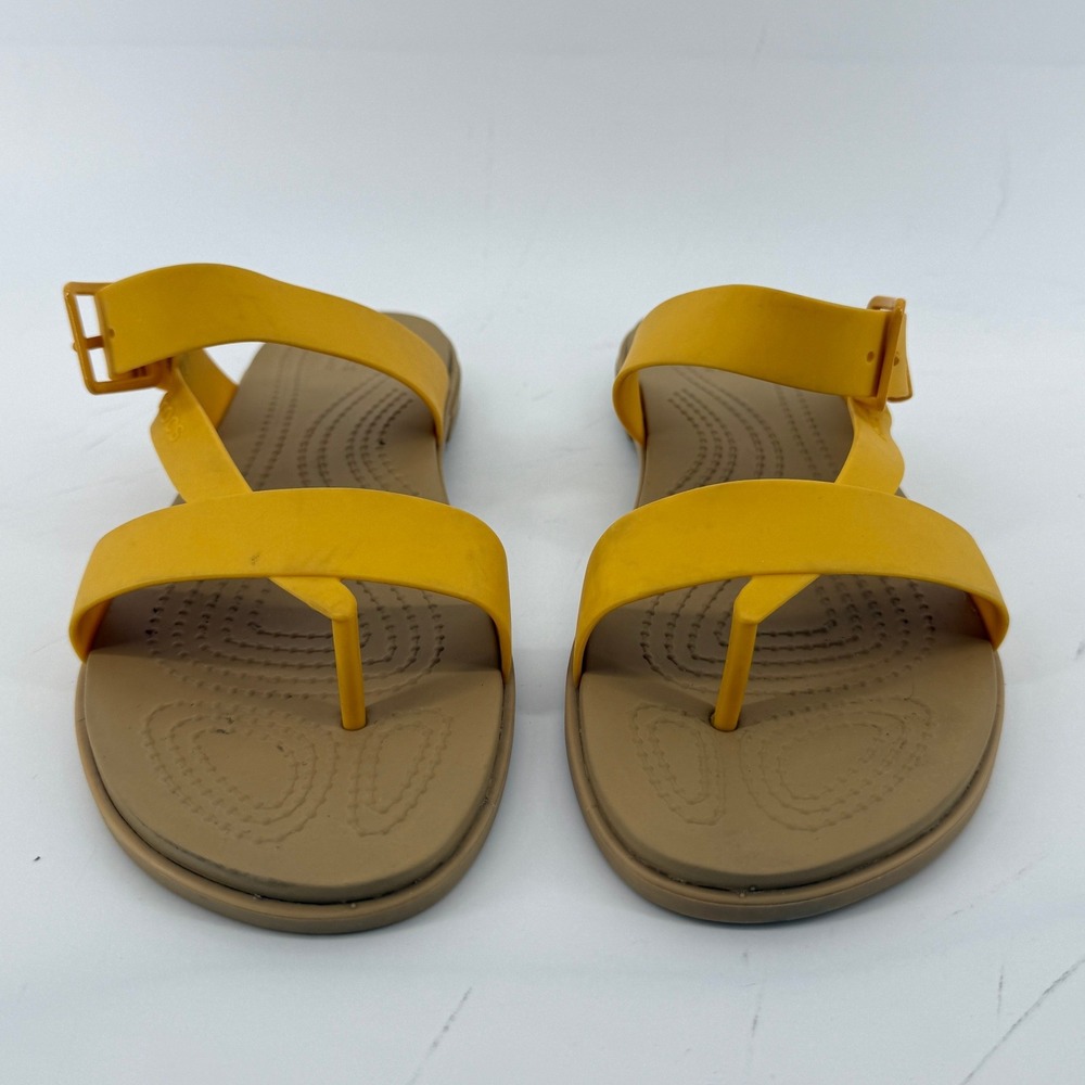 Crocs Tulum Toe Post Toe Sandal Yellow Tan Women 8 Strappy Slip On Flip Flop - Picture 2 of 9
